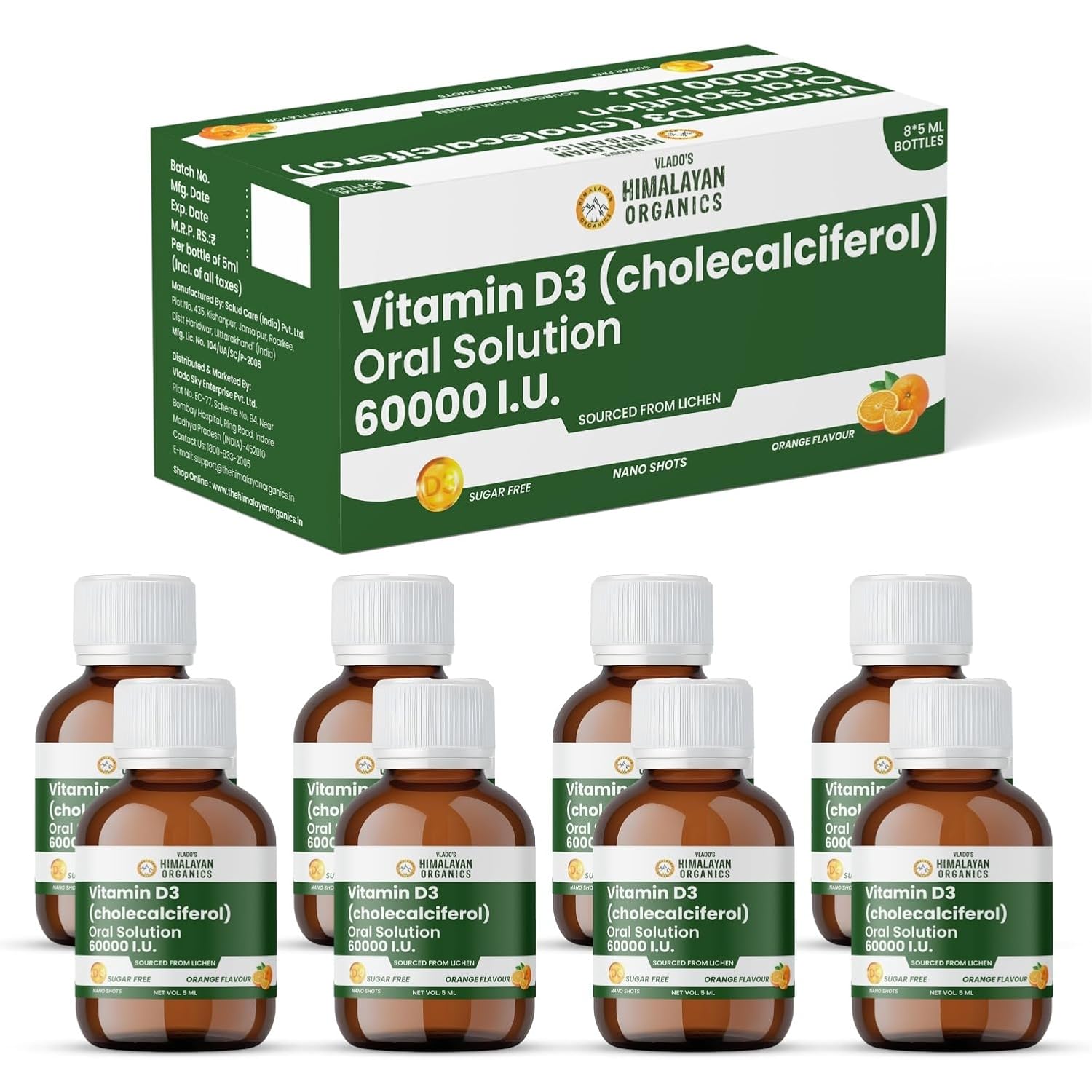 

Vlado s Himalayan Organics Vitamin D3 60000 IU Shots Sugar Free Oral Solution 5ml Pack of 1 X 8 BOTTLE Orange Flavour
