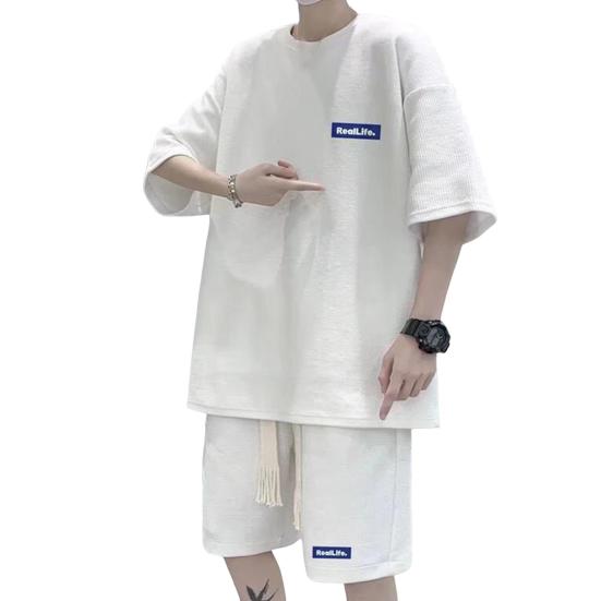 

Мужские костюмы-двойки, повседневный спортивный костюм с шортами, летний оверсайз спортивный костюм с коротким рукавом M белый