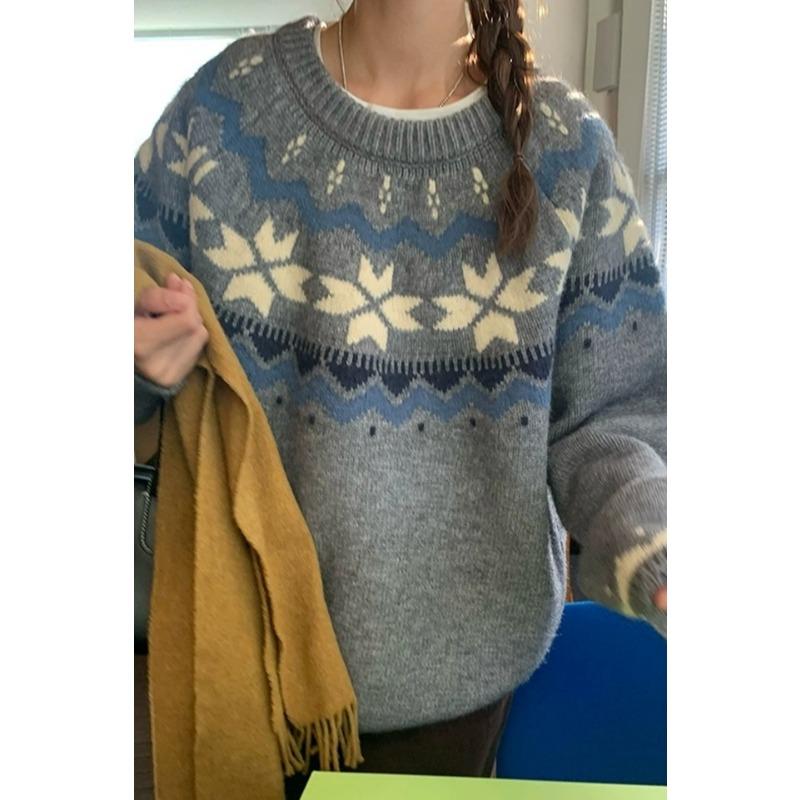 Autumn/winter Korean O-neck Casual Loose Pullover Printed Sweater Women Sweet Long Sleeved Office Knitted Top Office Retro Simple Sweaters