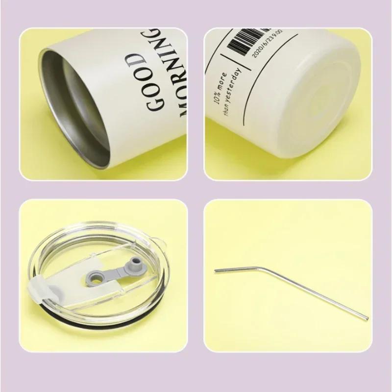 304 Stainless Coffee Cup Steel Double -layer Thermos Cooler Straw Cup Portable Reusable Ins Ice American Coffee Mug Water Bottle