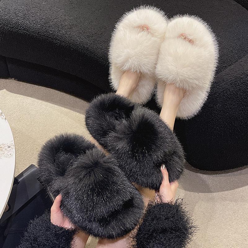 Autumn and Winter New Fluffy Slippers Women's Large Size Thick-soled Plush Women's Slippers Room + Soft-soled Household Cotton Slippers