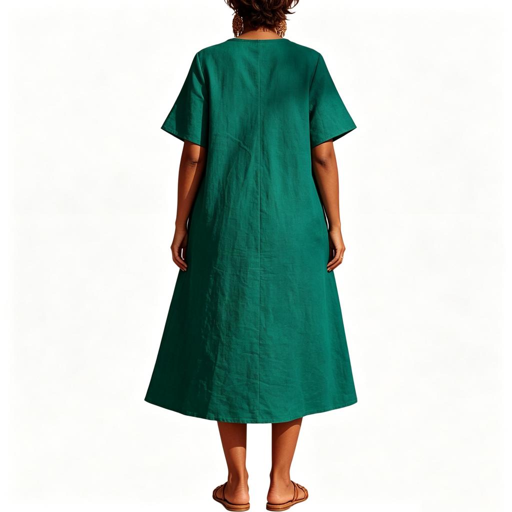Women V Neck Midi Dress Loose Fit Style Short Sleeve Casual Wear Lightweight Comfortable Design