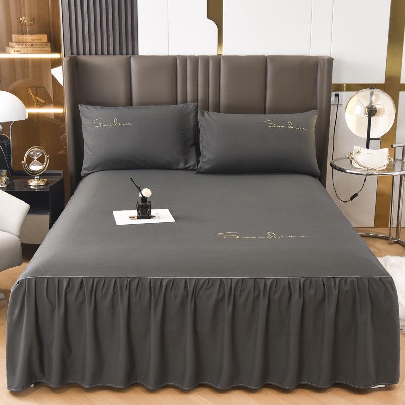 Solid Color Washed Cotton Lace Bed Skirt Mattress Protector