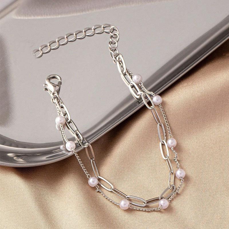 Hot-selling 4mm imitation pearl chain metal square bracelet 2-piece set women's double-layer simple hand jewelry