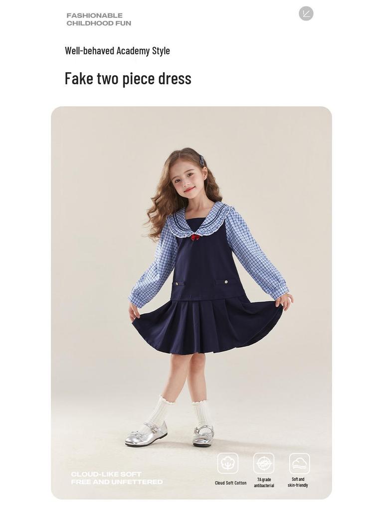Girls' Striped Sailor Collar Dress with Skirt - Spring 2026 Collection