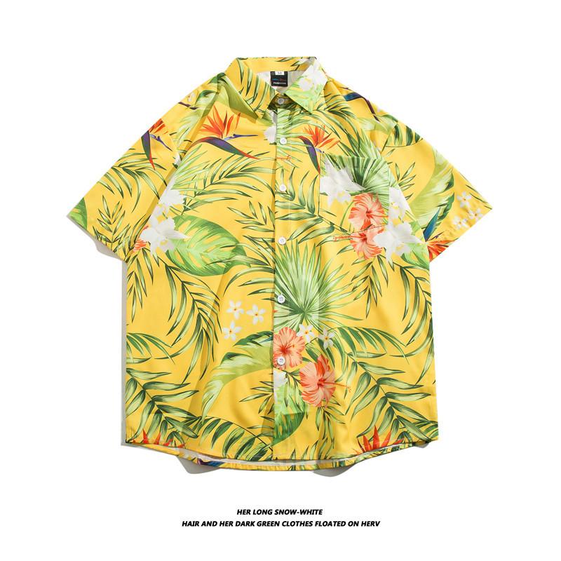 Hong Kong style short-sleeve shirt for men and women, couple's style, loose-fitting summer Hawaiian beach floral shirt