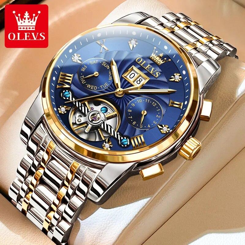 OLEVS 9910 Tourbillon Automatic Watch for Men Luxury Skeleton Men's Mechanical Wristwatch Stainless Steel Top Original Man Watch