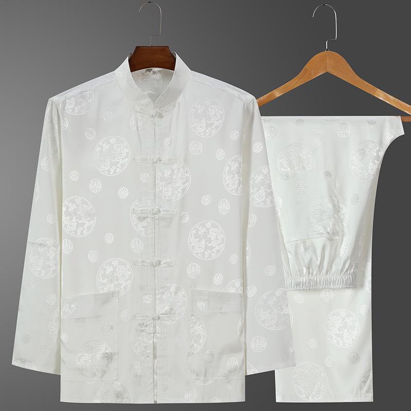 Men's Retro Ice Silk Long-Sleeved Tang Suit for Spring/Summer - Middle-Aged & Elderly Hanfu Tai Chi Outfit
