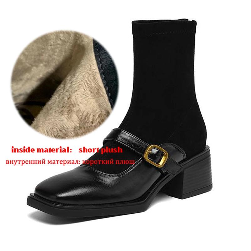 

Krazing Pot Flock Winter Square Toe Modern Size 33 Boots Size 43 Slip on Metal Buckle Fashion Stretch Ankle Boots 43