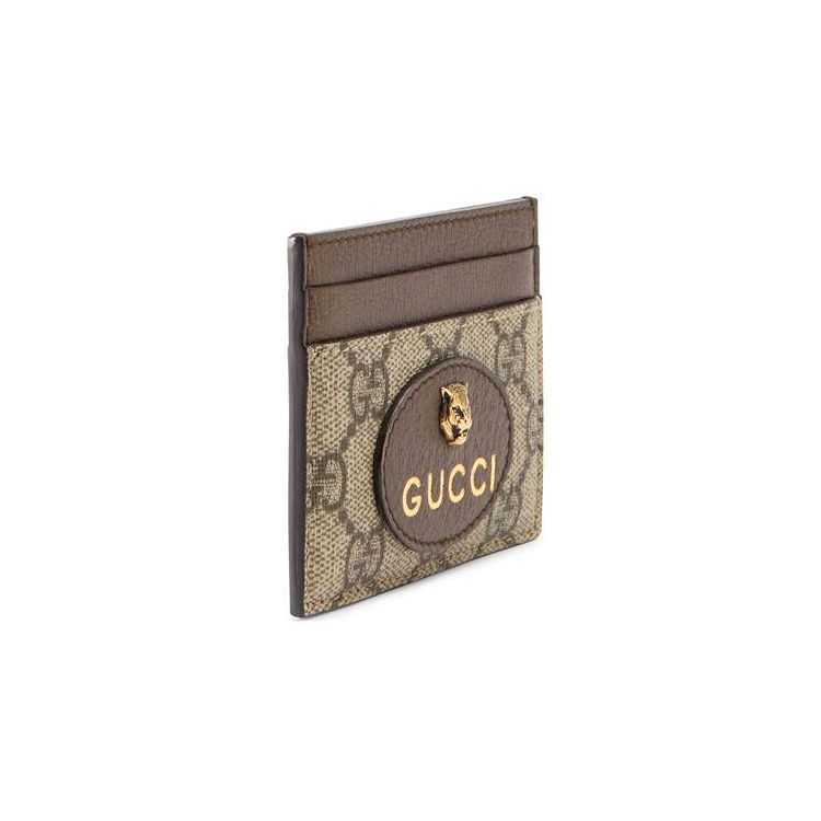 Gucci Etui na karty GG Supreme z logo pantery, Beżowo-brązowe płótno, Ciemnobrązowe skórzane wykończenie, Złote logo z literami GUCCI, Unisex, Codzienne podróże 597557-K9GOT-8861