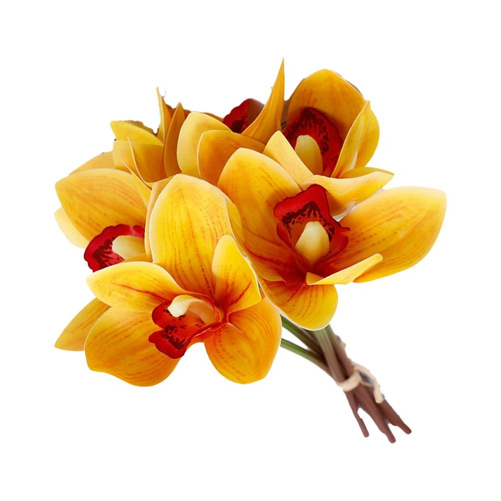 Iron Wire Stem Faux Orchid Decor 6 Stems Fake Orchid Bouquet For Parties