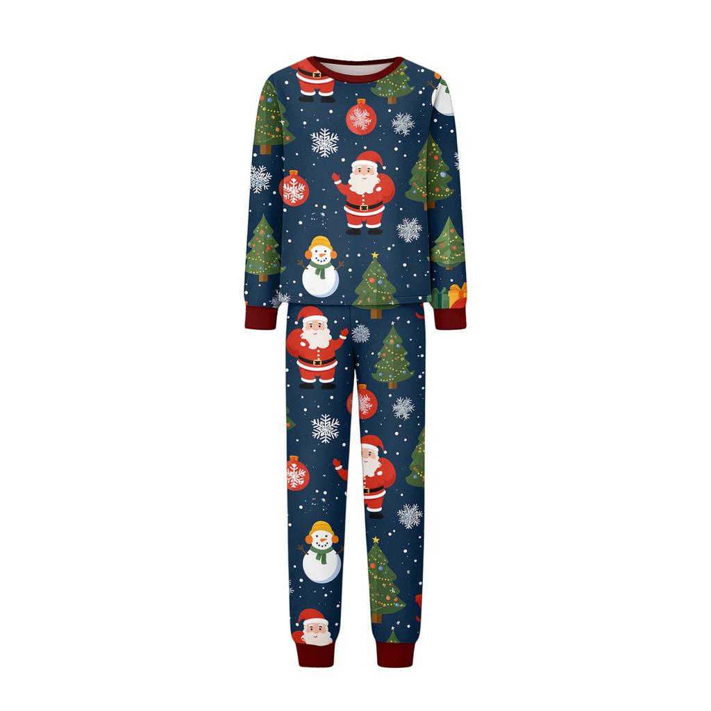 Family Matching Christmas Print Pajama Set Long Sleeve Neck Top and Pants for Parents and Kids
