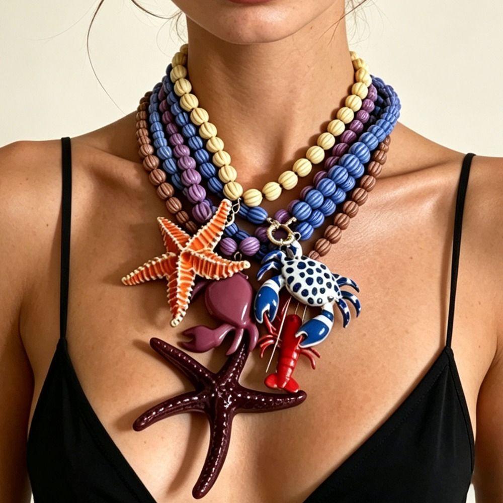 Collar con Colgante de Cangrejo Esmaltado Langosta Collar de Cuentas de Lunares Gargantilla de Estrella de Mar de Playa Vacaciones