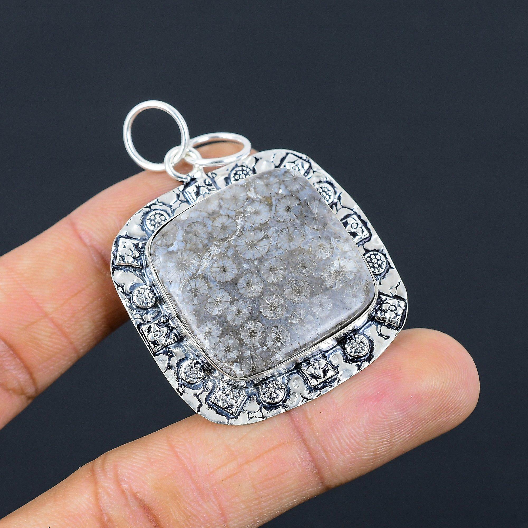Cushion Fossil Coral Stone Sterling Silver Anniversary Wedding Pendant Jewelry