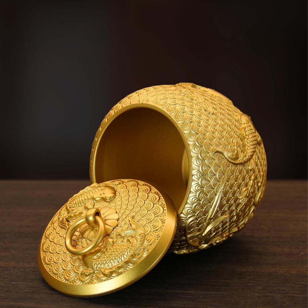 High-Grade Pure Brass Koi Tea Storage Can with Lid - Moisture-Proof Sealed Container, Ashtray, and Decorative Craft Ornament
