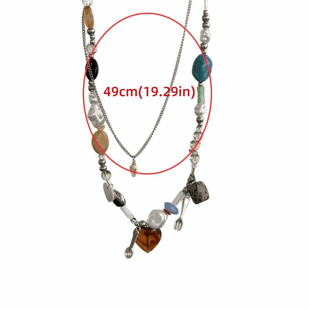 2pcs Double-layer Heart-shaped Pendant Necklace Fork Clavicle Chain Irregular Stone Necklace  Dating