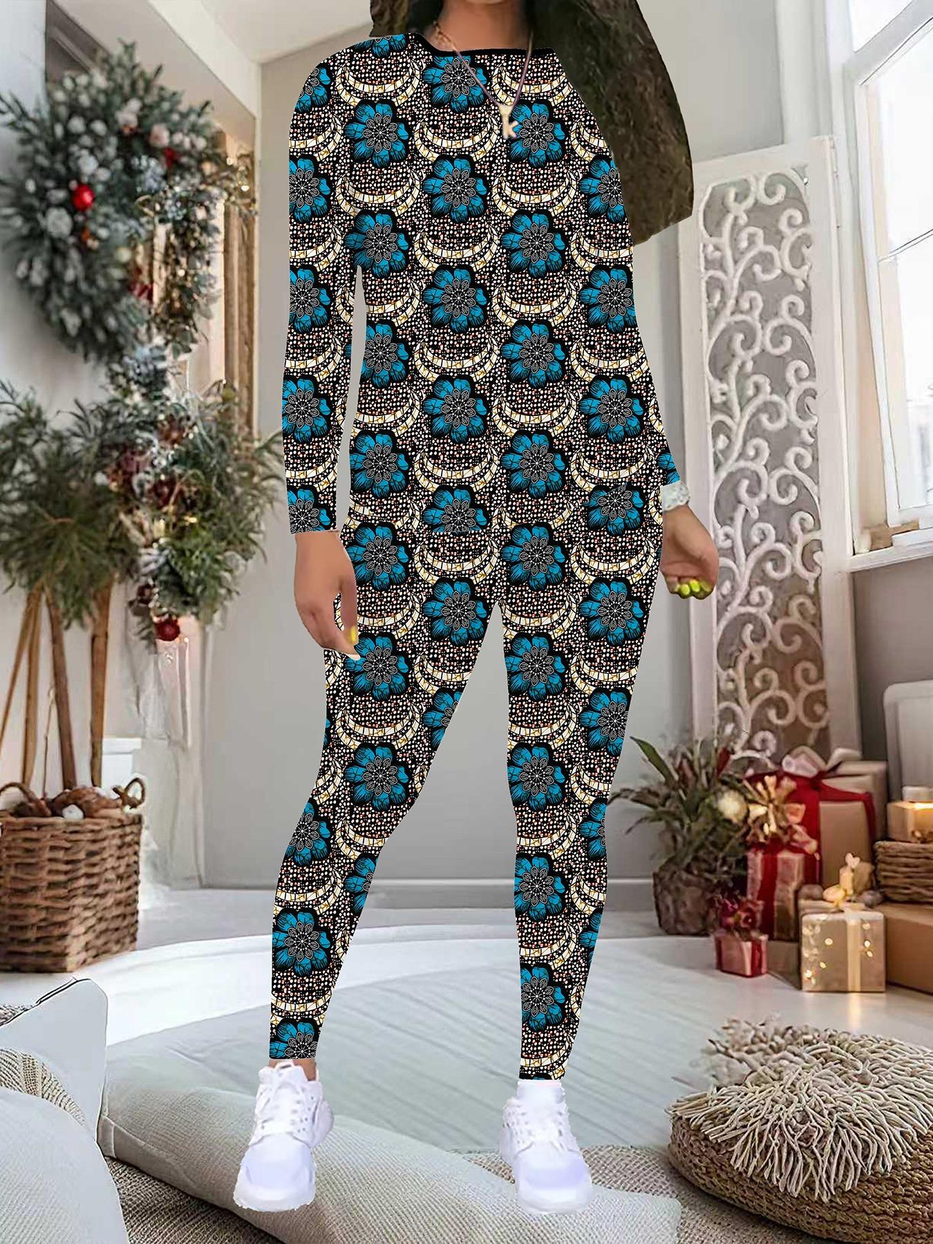 

Жіночий костюм-двійка з абстрактним принтом: Топ з довгим рукавом та круглим вирізом і штани, святковий лімітований повсякденний костюм для вечірки в подарунок XXL синій