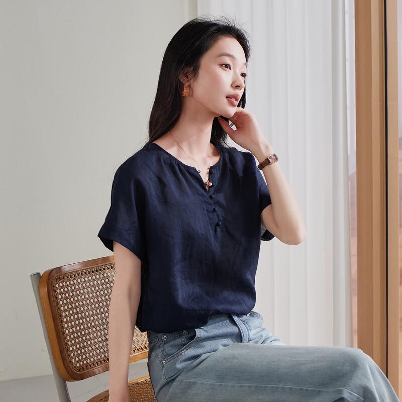 SOFSIL Women's 2026 Summer Round Neck Short Sleeve Ramie Blouse
