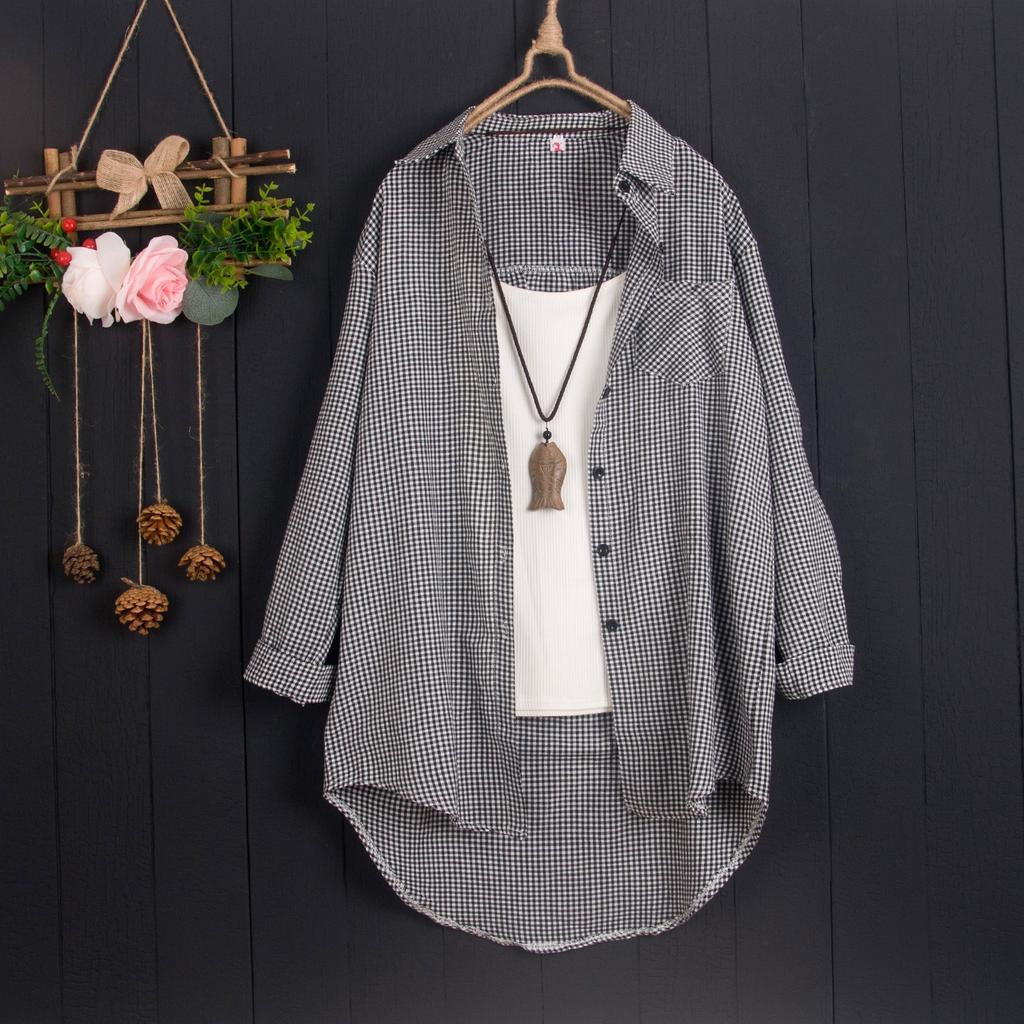 Plaid Shirt for Women Medium To Long Spring and Autumn Thin Jacket Loose Long Sleeved Shirt