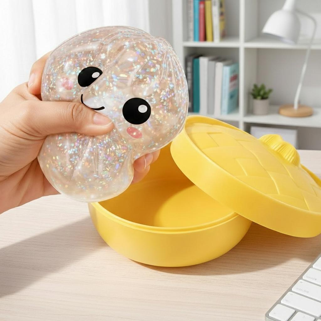 1 pièce Jouet Dumpling Squishy Pailleté avec Cuiseur Vapeur, Jouet à Pincer Extensible pour Soulager le Stress