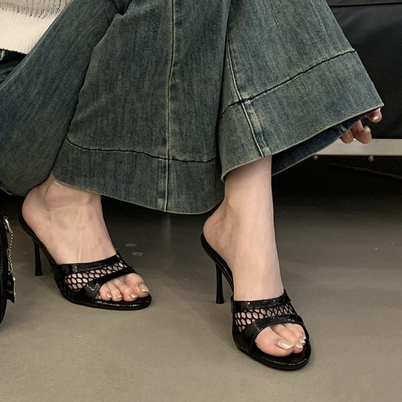 Fashion SUOJIALUN 2025 Summer New Brand Women Slipper Fashion Mesh Shallow Slip On Slides Thin High Heel Outdoor Sexy Dress Pumps Sandal