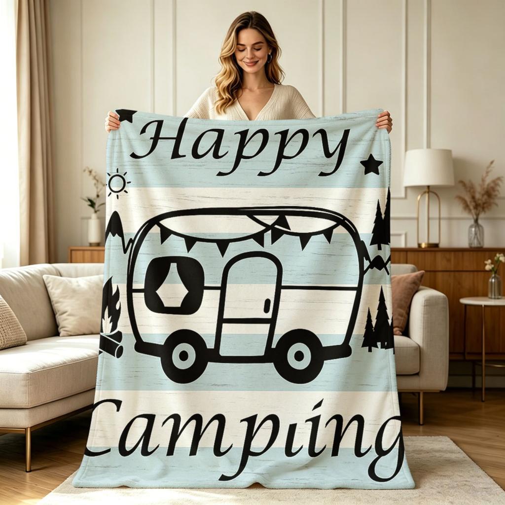 Soft Cozy Flannel Fleece Blanket with Happy Camping Campsite Outdoor Wilderness Campfire Nature Scene Print All Season Warm Lightweight Blanket for Co