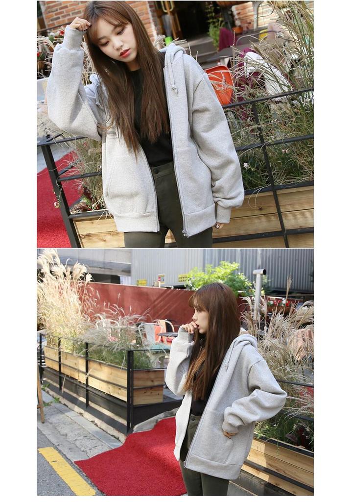 Damen Einfarbige Kapuzen-Reißverschluss-Sweatjacke - Lockere Passform, Mit Samt gefüttert, Frühling/Herbst Lässiger Sport-Cardigan.