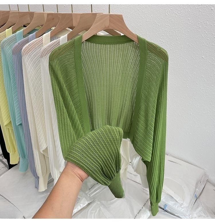 

Летний тонкий свободный вязаный кардиган с кондиционером и солнцезащитным чехлом, майка с рукавами-фонариками, короткий топ, куртка для женщин one size зелёный