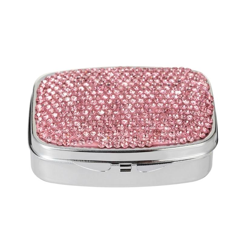 Portable Travel Pills Box with Crystal Diamonds Design 2 Compartment Medicine Container Pills Case for Vitamins and Pills
