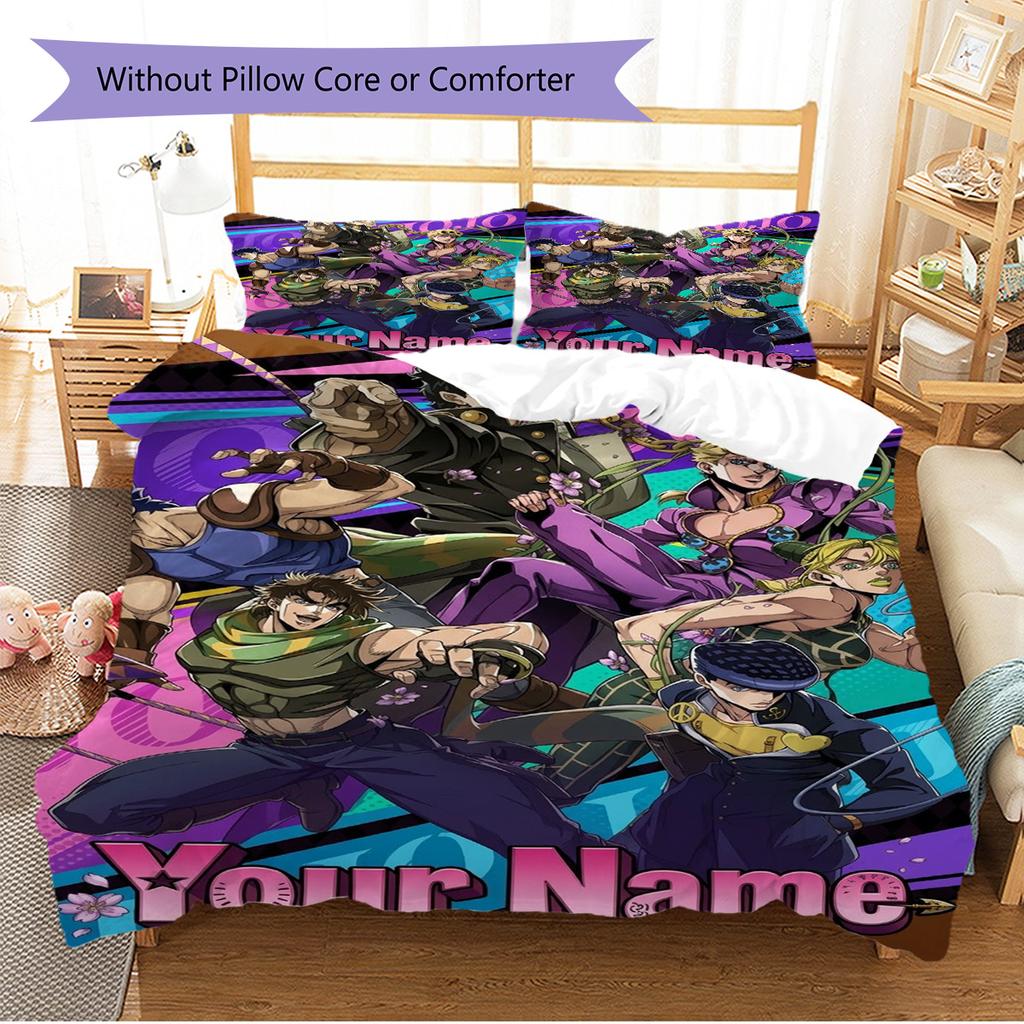 Name Custom Anime JJBA Pattern Bedding Set Quilt Cover Pillowcase Home Decor Gift (1 * duvet cover + 2 * pillowcase, without core)