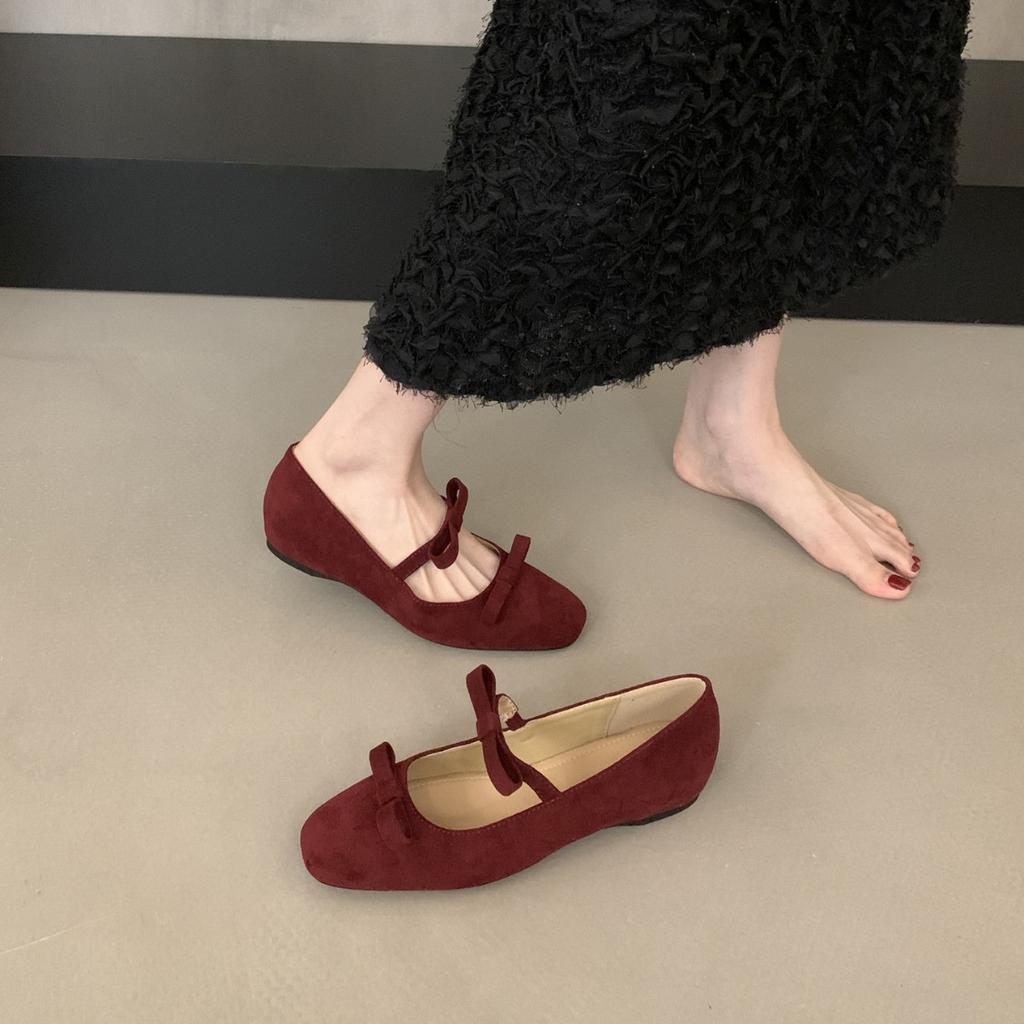 French Retro Double Bow Inner Height Increase Mary Jane Shoes Women's 2025 Autumn New Light Mouth Suede Ballet Shoes