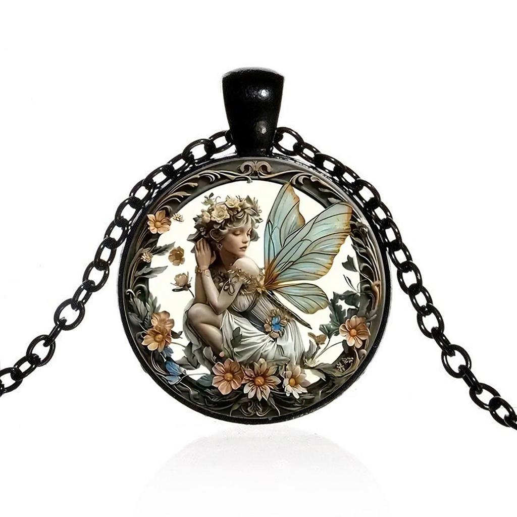 A retro style angel fairy round pendant fantasy flower fairy time gem pendant necklace suitable for daily wear