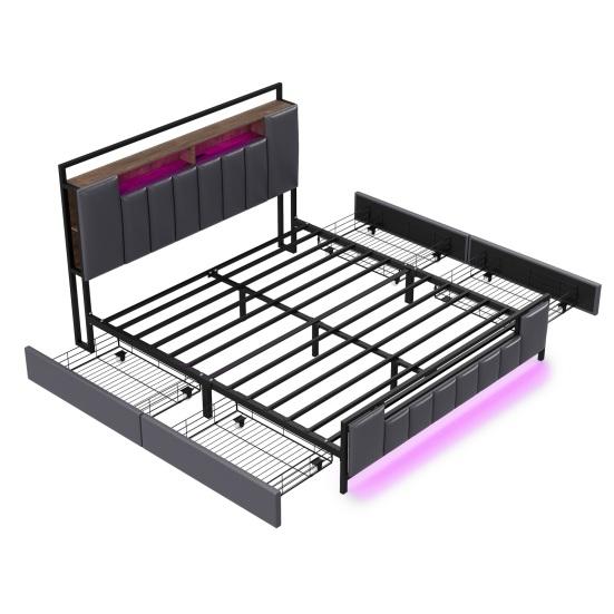 Upholstery Bed 160x200 Cm, Multifunctional Bed with LED Light, USB Socket, Drawers, Solid Iron Bed Frame, Youth Bed, Adult Bed, Double Bed, Synthetic