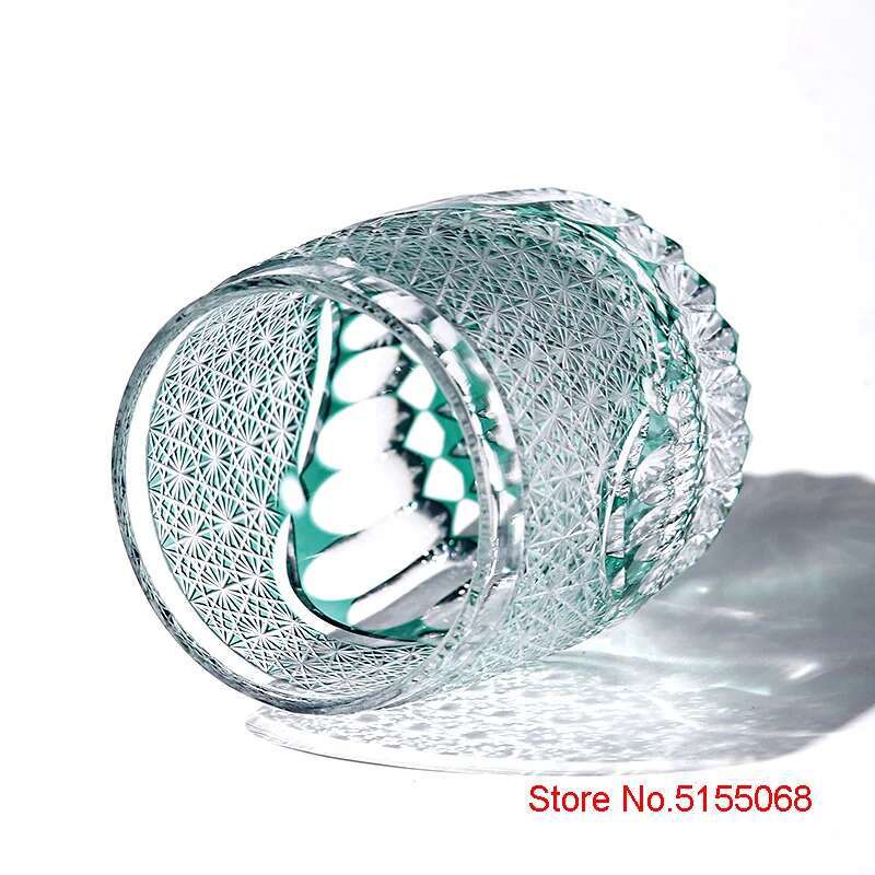 Japanese Top Edo Kiriko Hand Carving Crystal Whiskey Glass Green Chrysanthemum Sea Wave Brandy Liquor Snifter Wine Cup Drinkware
