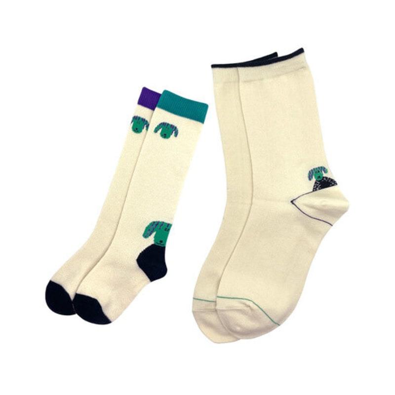 

PINZLE [PINZLE X IHM] Family Socks - Green Dog (Ivory) Kids