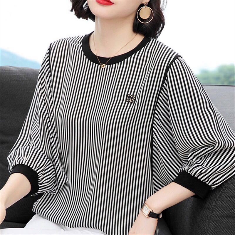 Fashion Striped  T-shirt Women's Clothing Round Neck Commute Spring Summer Casual 3/4 Sleeve Korean Loose Pullovers