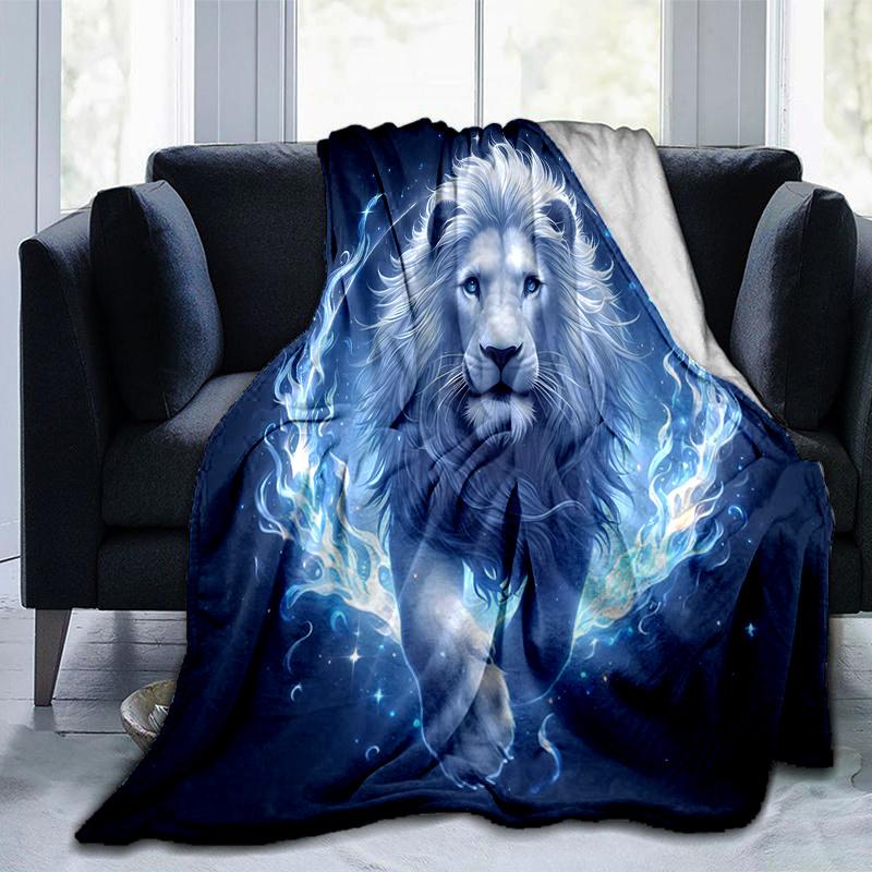 1pc Blue Flame Majesty Lion Blanket Cartoon Throw for Home Decor, Gift Idea, All Seasons Use .K011