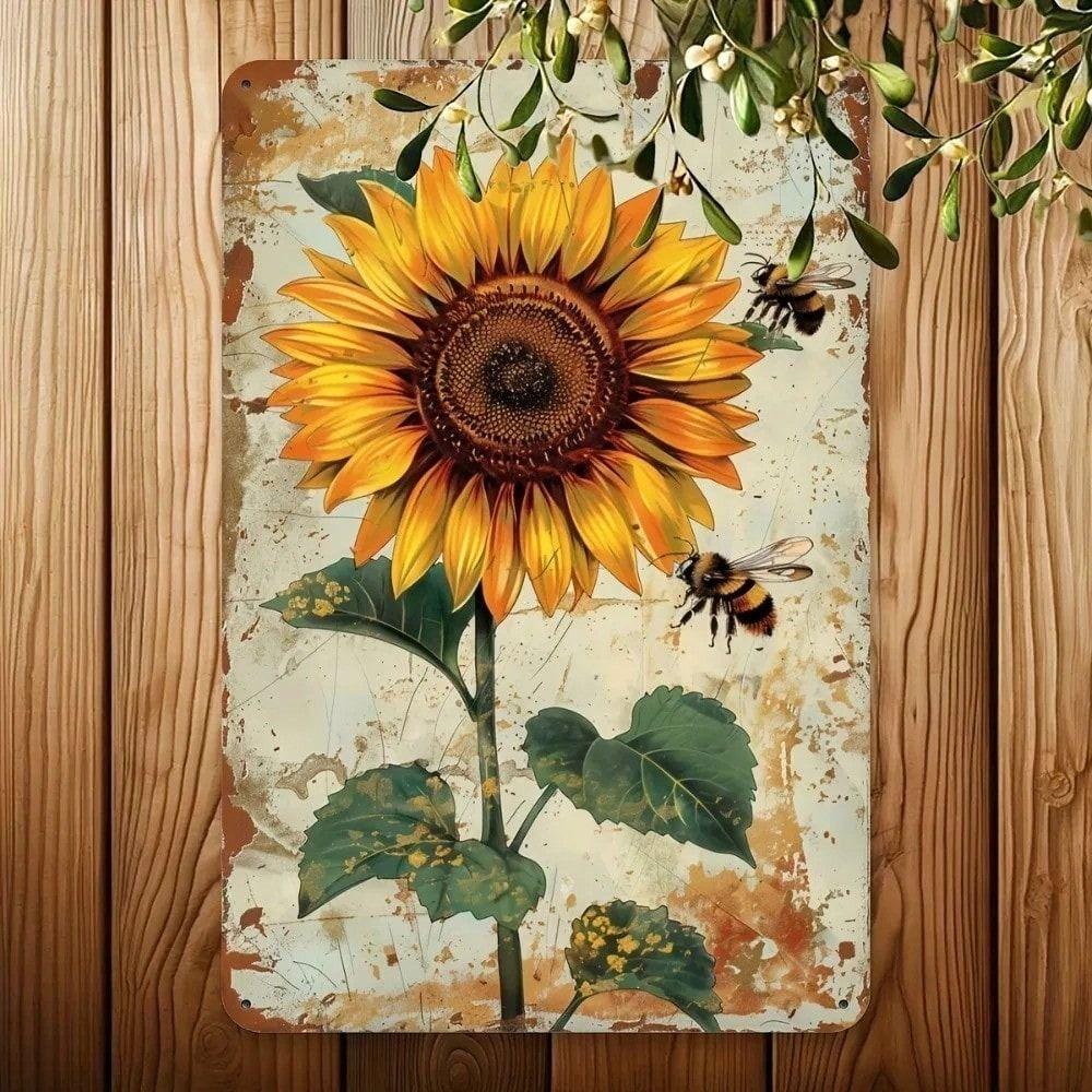 Vintage Metal Wall Art Sunflower Bee Poster Home Decor