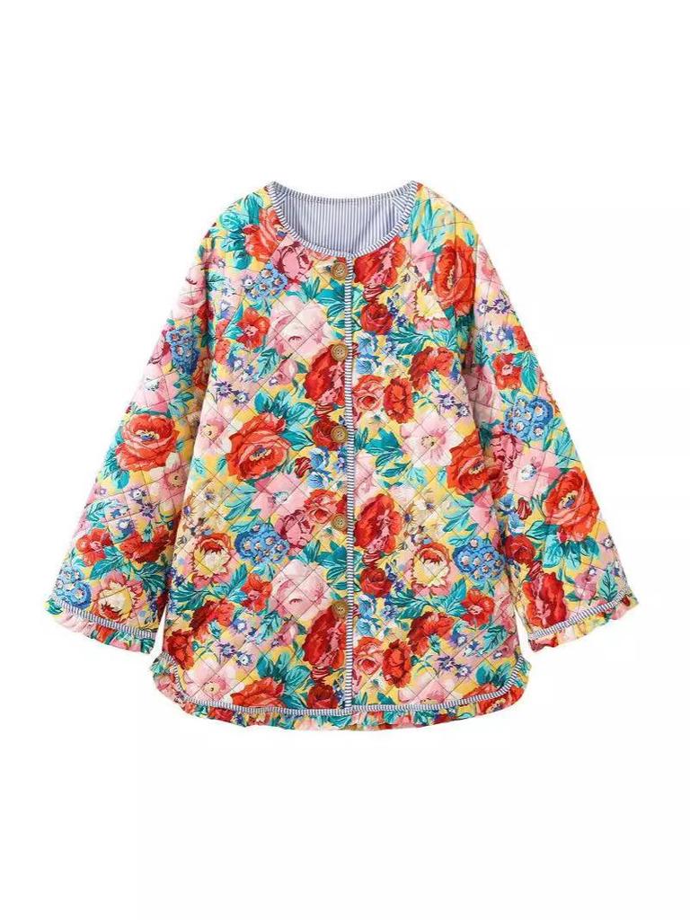 2023 Cotton Padded Women's Jacket: Autumn/Winter Round-Neck, Print Bell Sleeve, Color-Block Design.