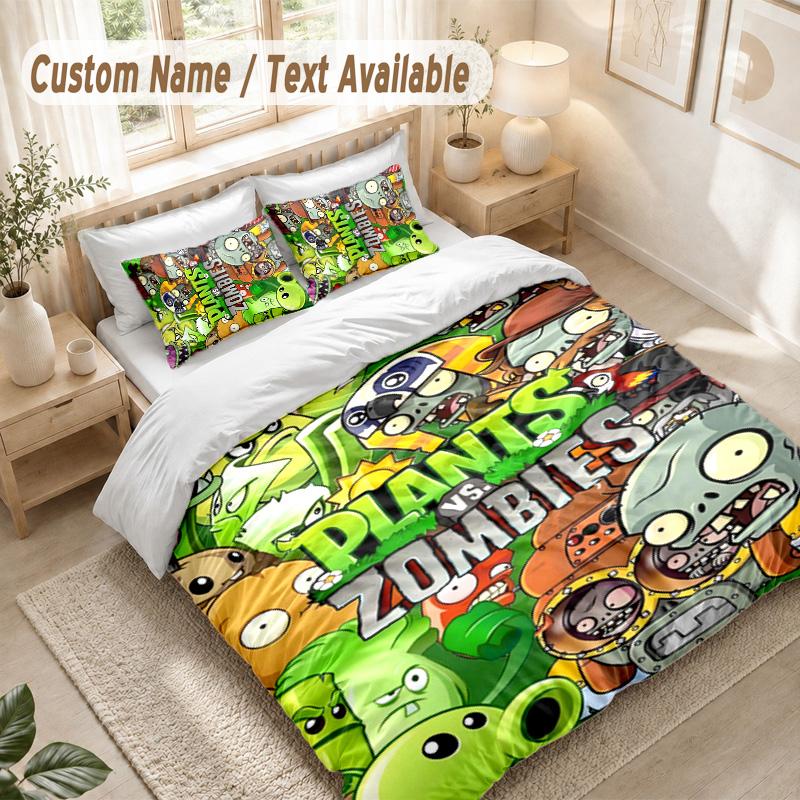 Plants Vs. Zombies Bedding Set, 1 Duvet Cover & 2 Pillowcases Soft Comfortable Bedroom Home Textile Decor