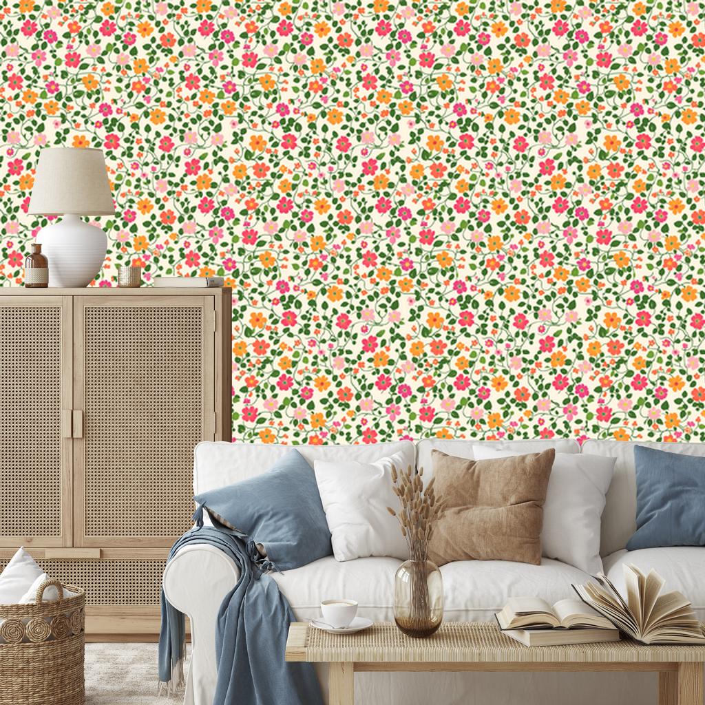 Wallpaper Small Flowers Cream, Lime and Beige for Living Room and Bedroom 50x1000