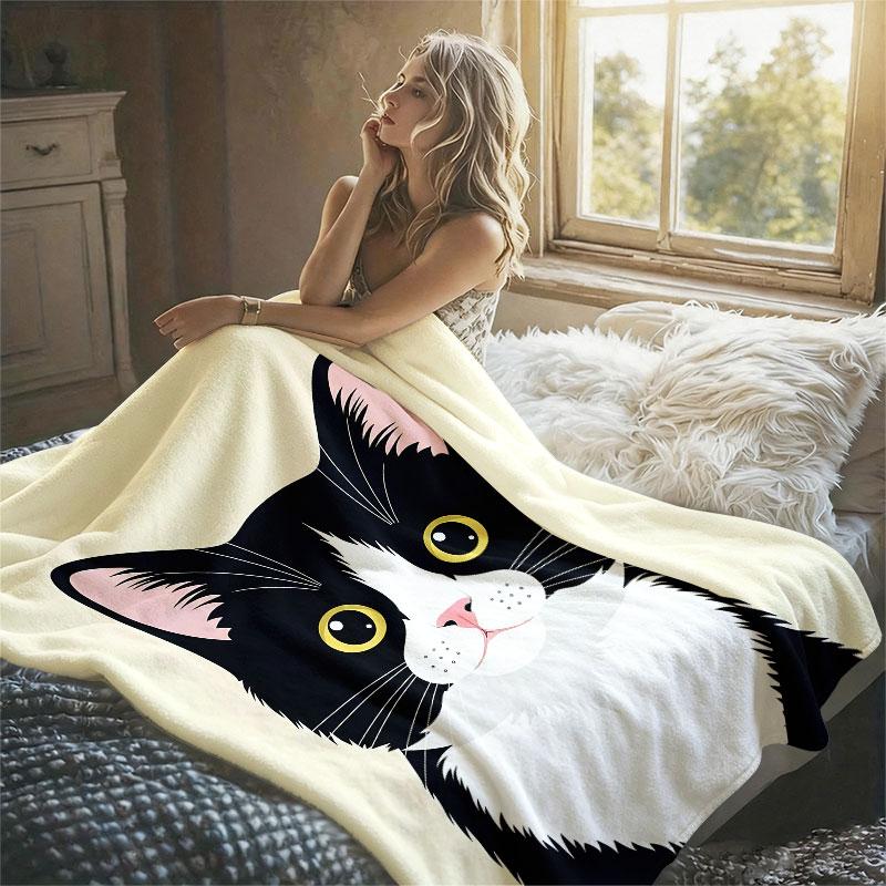 Tuxedo Cat Portrait Flannel Blanket Warm Soft Halloween Christmas Decorative Couch Warm Cozy All-Season Gift