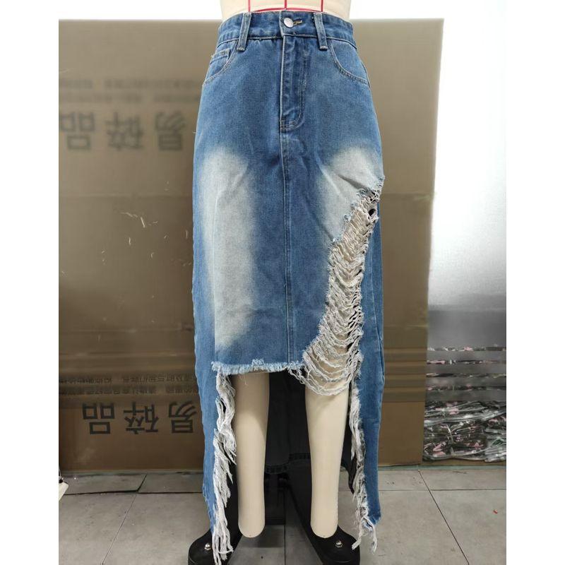

Cross-Border 2025 Summer and Autumn Domineering Side Leakage High Waist Frayed Hole Irregular Swing Distressed Sheath Skirt Skirt Blue 2XL