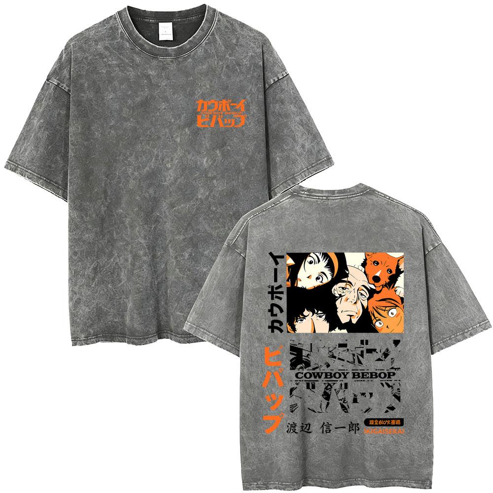 Anime Cowboy Bebop Vintage Washed T-shirt Spike Spiegel See You Space Cowboy T-shirts Manga Retro Oversized T Shirts Unisex
