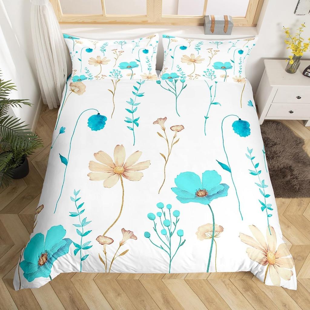 Watercolor Floral Down Duvet Cover Set Queen King Size Simple Pastoral Style Bedding Suitable for Kids Teens Adult Women 3 PCS
