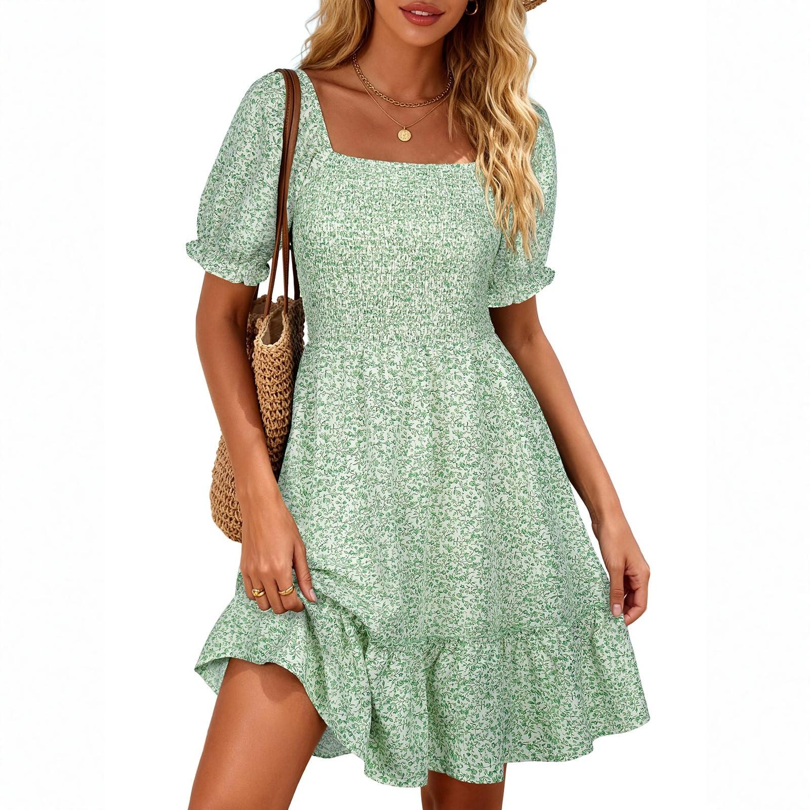 Women’s Casual Floral Print Dress Square Neck Short Sleeve Ruffle Hem Smocked Waist Mini Dress Lightweight Fabric S зелёный