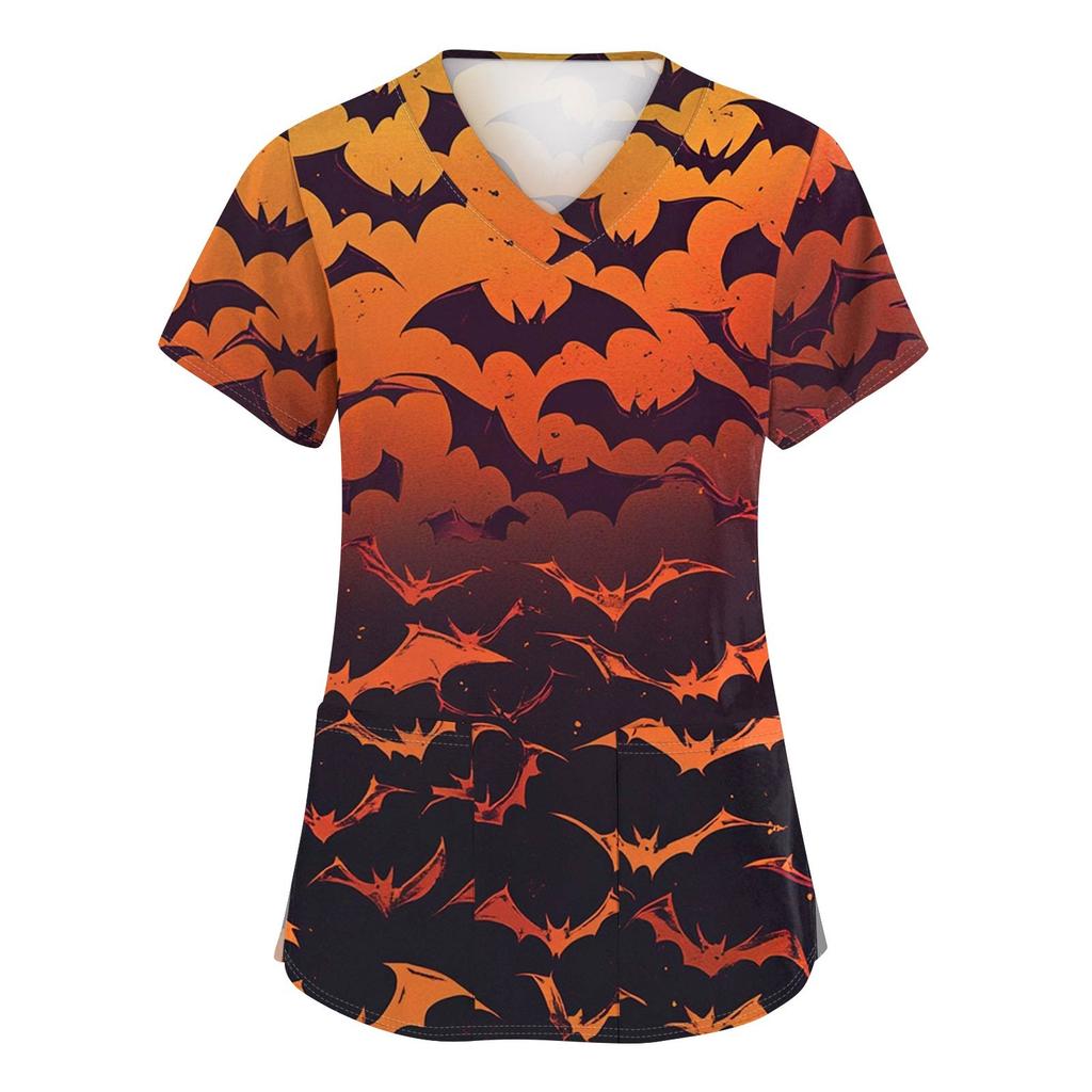 Women's Fashion V-neck Short-sleeved Work Uniform With Pockets, Halloween Print Top