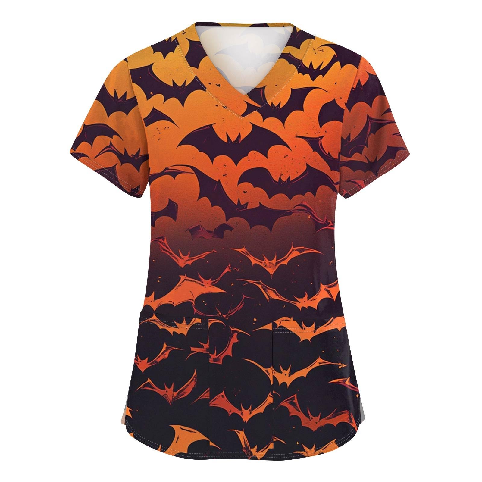 

Women s Fashion V-neck Short-sleeved Work Uniform With Pockets, Halloween Print Top M оранжевый