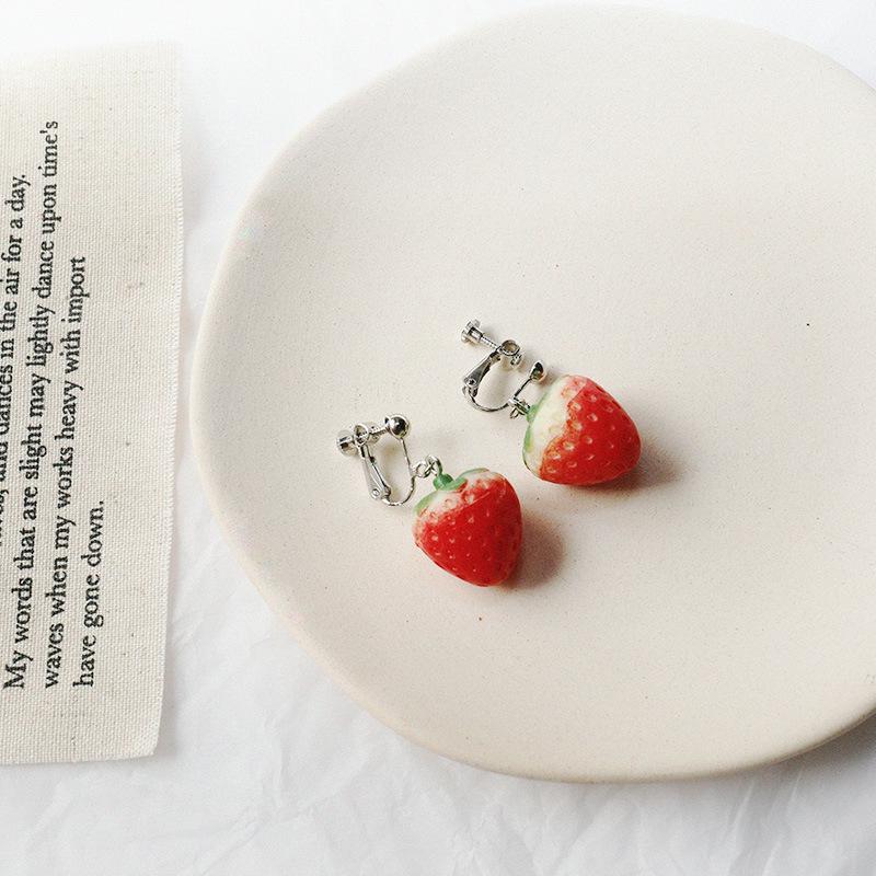 Korean Sweet Strawberry Resin Stud Earrings for Girls – Cute, Simple, No Piercing Needed