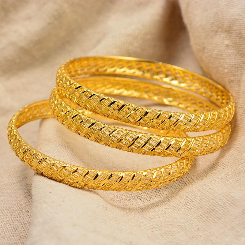African Gold Color Shiny Bangles for Women Girls Dubai Circle  Bride Wedding Bracelet Ethiopian Jewelry